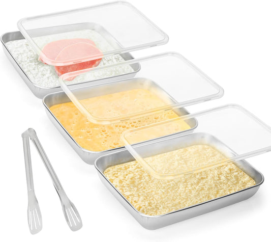 3 Set Stainless Steel Breading Trays Set with Lids,Large Breading Pans with Tong for Dredging Chicken Breasts Marinating Meat (10 x 7.8 x 1.9 inch)