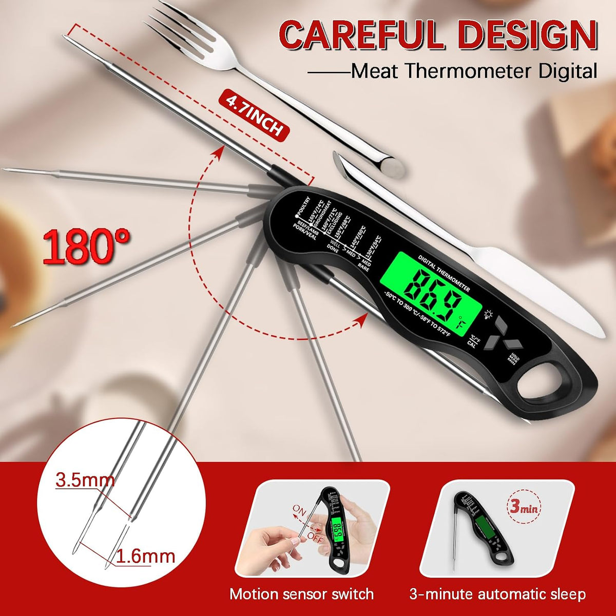 Cooking Thermometer，IP67 Waterproof Meat Thermometer Digital