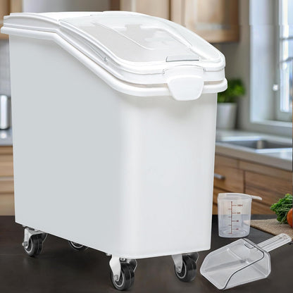 YITAHOME 50L/90lb Large Ingredient Flour Storage Bin, Commercial 11.4-Gallon Rice Storage Container 280 Cups Bulk Flour storage Bins with Wheels,Scoop,Lid and scale, Rice Bin for Kitchen, White