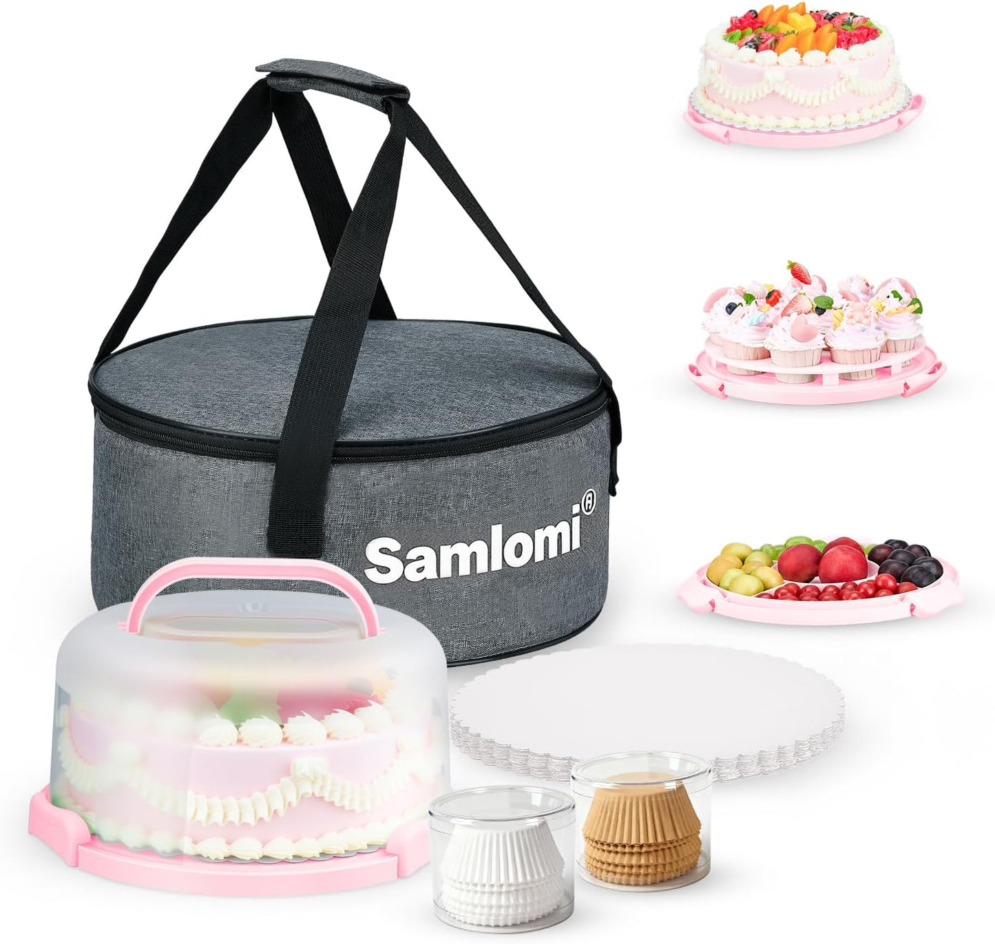Cake Carrier with Lid and Handle, Bpa-Free Cake Holder with Lid for 10 Inch Round Cake Carrier with 10 pcs Round Golden Cake Boards and Portable Insulated Bag & Two Boxes of Cupcake Paper Liners