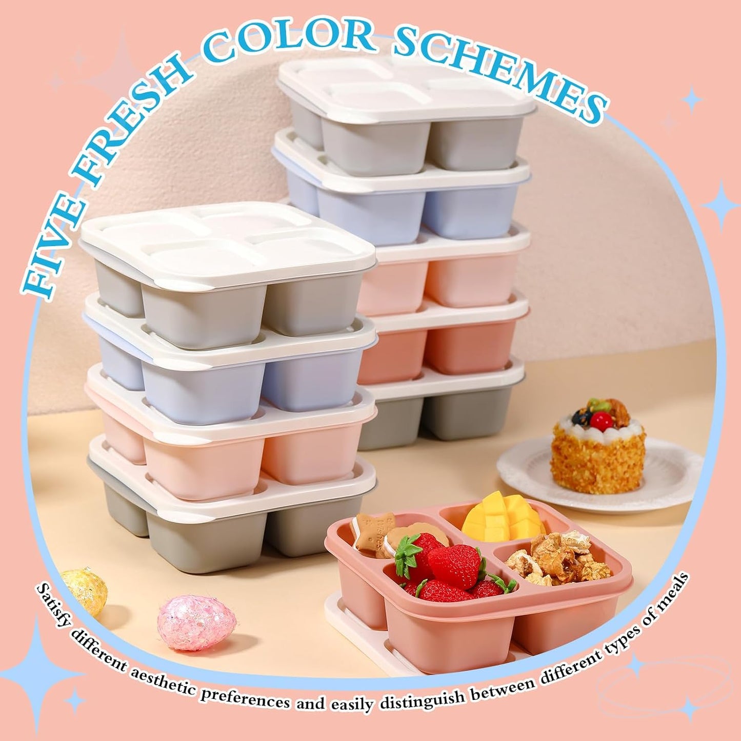Honeydak 10 Pack Bento Snack Containers 4 Compartment Snack Boxes Reusable Containers with Lids Divided Meal Prep Lunch Food Storage Box for School Work Travel