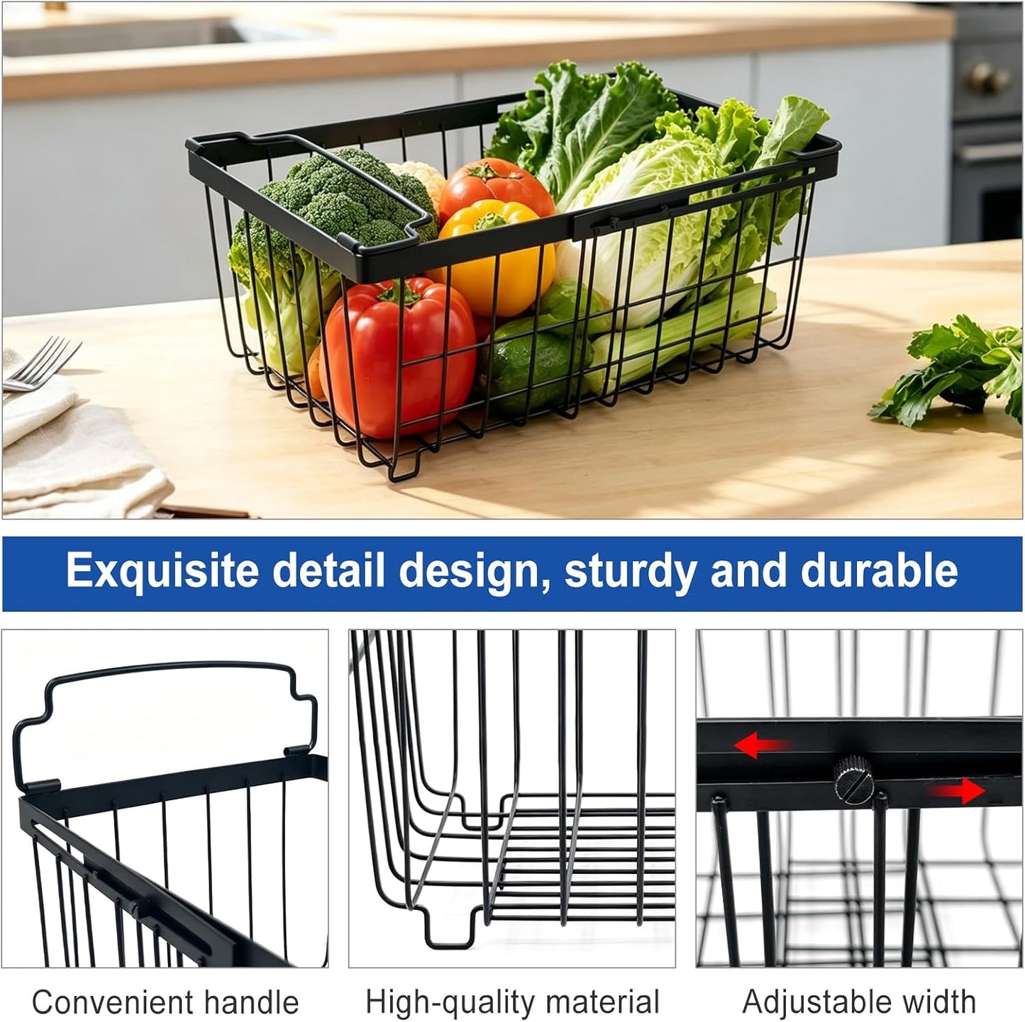 3Pack Freezer Organizer Bins, Stackable Chest Deep Freezer Storage Containers, Expandable Freezer Baskets with Handle fit 5cu.Ft 7cu.Ft Freezer, Fridge, Pantry (Black-3Pack)