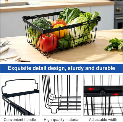 3Pack Freezer Organizer Bins, Stackable Chest Deep Freezer Storage Containers, Expandable Freezer Baskets with Handle fit 5cu.Ft 7cu.Ft Freezer, Fridge, Pantry (Black-3Pack)
