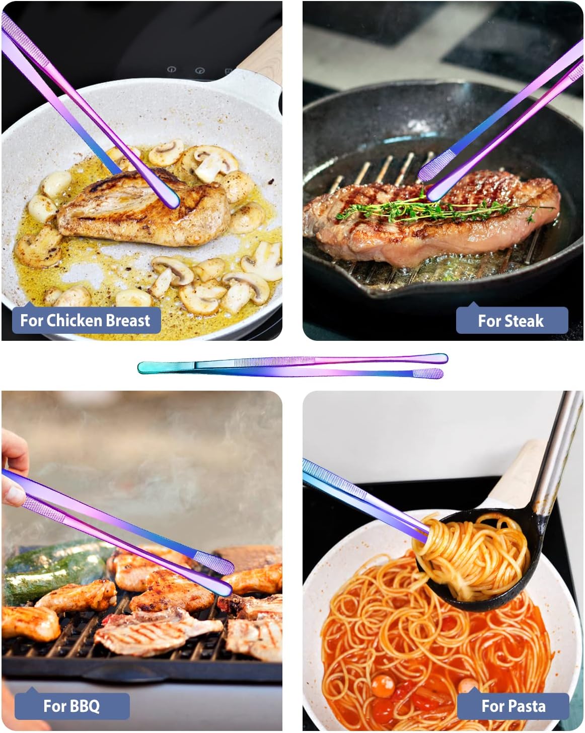 4 Pcs Fine Long Tweezer Tongs Professional Black, 12'' and 10'' Stainless Steel for Kitchen, Food, Cooking, Repairing, Sea food and BBQ