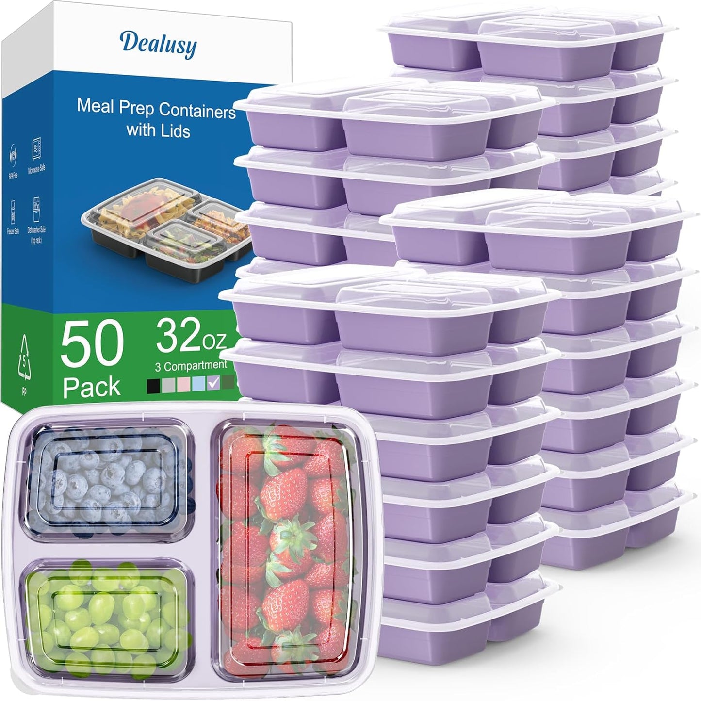 50 Pack (100-Piece) 32 oz Meal Prep Containers Reusable with Lids 3-Compartment, To Go Take Out Plastic Food Storage Containers, Sturdy Leakproof Food Safe, Microwave Freezer Dishwasher Safe, Black