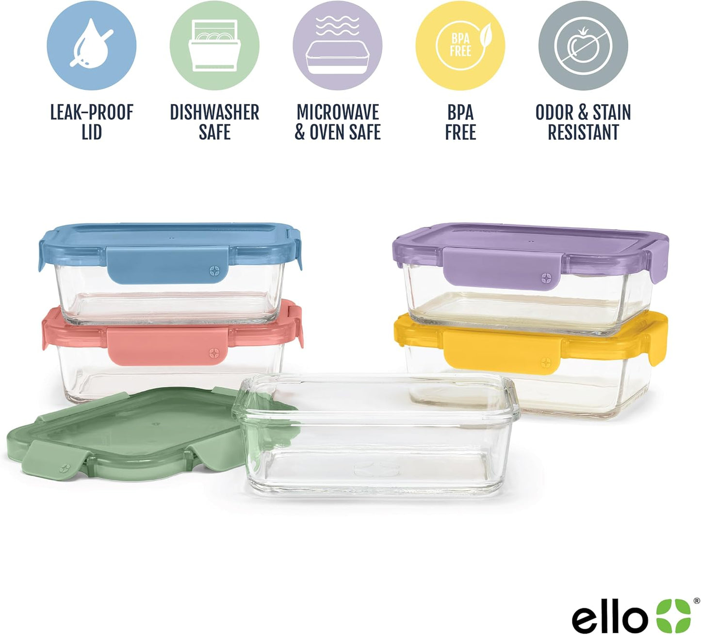 Ello Color Lock Glass Meal Prep Sets Leak-Proof Glass Food Storage Containers with Airtight BPA-Free Plastic Lids, Dishwasher, Microwave, and Freezer Safe