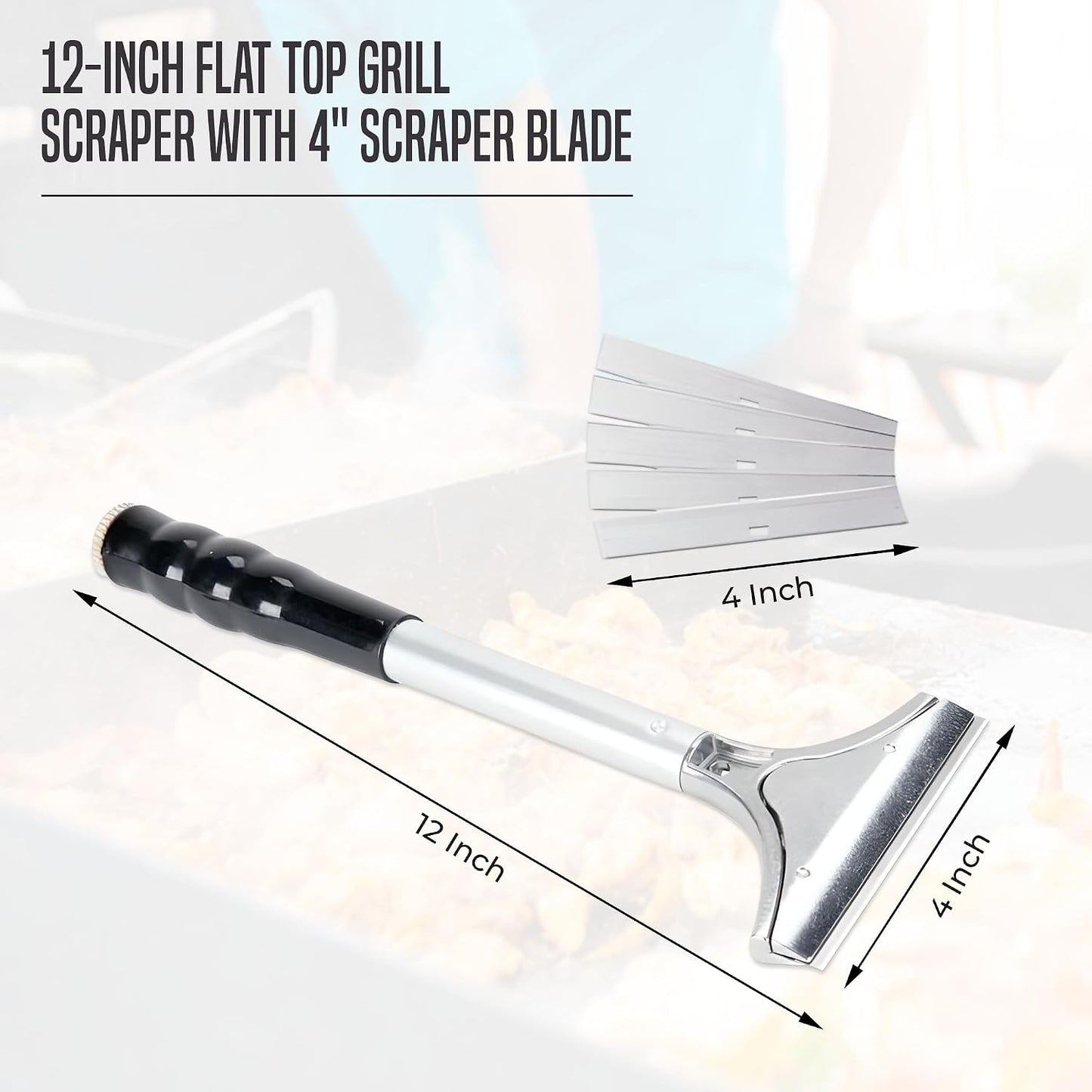 OCS Parts 12-Inch Flat Top Grill Scraper with 4" Scraper Blade | Heavy-Duty Multipurpose Scaper for Grills, Griddles and Kitchen Surfaces | Includes Five Scraper Blades Stored Inside Handle
