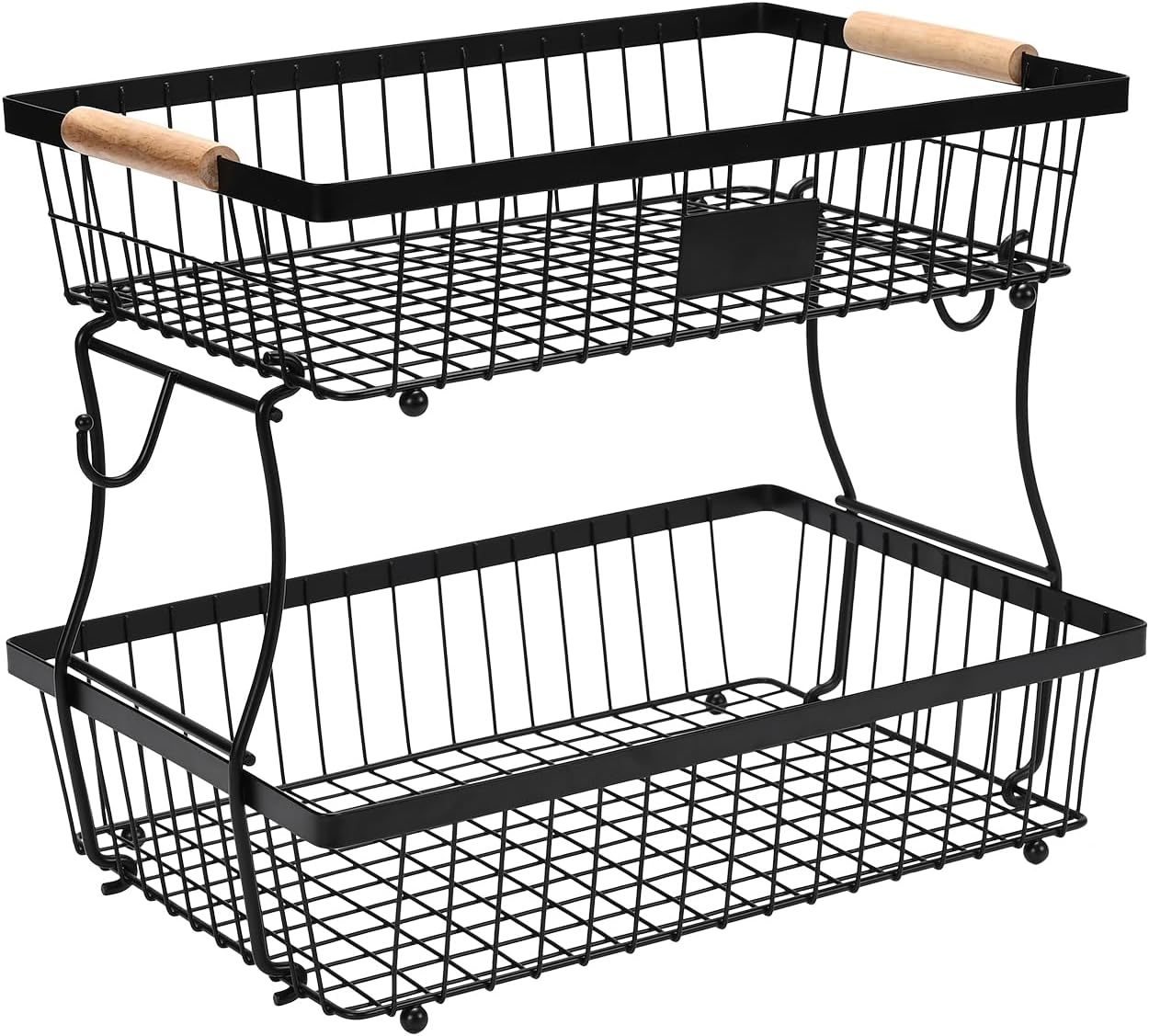 Fruit Basket Bowl 2 Tier Detachable with 2 Banana Hangers, Fruit Stand Holder for Kitchen Countertop, Metal Wire Vegetable Storage Organizer, for Bread Snack Veggies Produce, Black