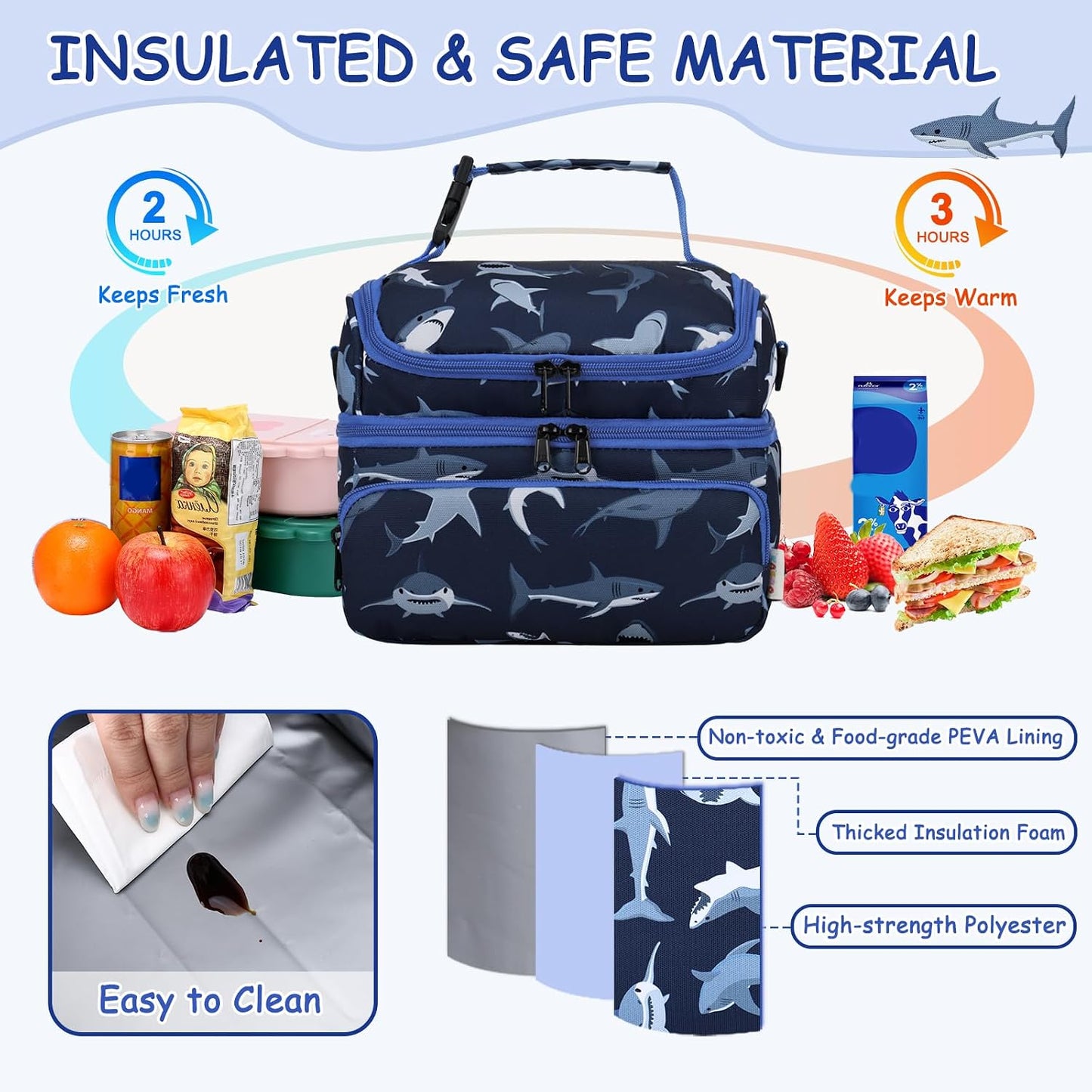 Kasqo Lunch Bag Kids, Dual Compartment Insulated Cooler Bag 7.5L Girls Boys Toddler Lunch Box Containers for Daycare School Kindergarten Travel Ombre Butterfly
