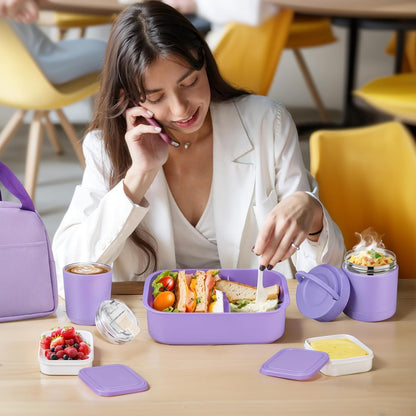 Bento Lunch Box Set with 10.5oz Soup Thermo Food Jar for Adults Kids, Stainless Steel Leak-proof Lunch Container with 4 Compartment, Coffee Tumbler with Lunch Bag for School Travel Office-Grey