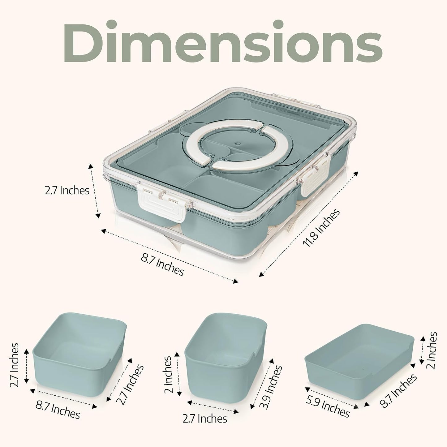 Small Snackle Box Container - Travel Snack Box Container - Snacklebox - Divided Serving Tray With Lid and Handle - Portable Snack Tray With Lid - Snackle Boxes 4 compartment Grey Blue (Cream)
