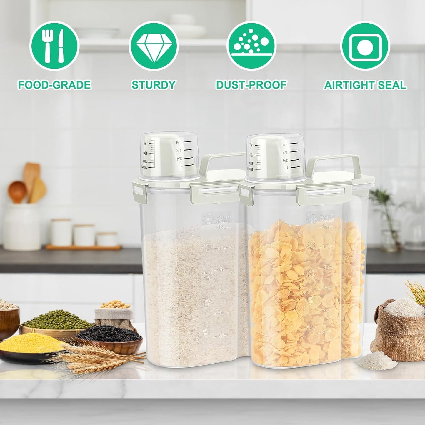 TBMax 2 Pack Airtight Rice Container 5 Lbs +10 Lbs, Cereal Container Oatmeal Storage with Easy-pouring Spout & Handy Cup for Flour Grain Beans, Pet Dog Cat Bird Food Storage Dispenser -Pink