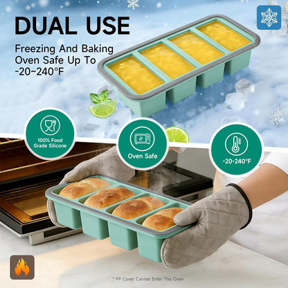 Tvmania 2-Pack Silicone Freezer Tray with Lid - 1 Cup / 4 Compartment Soup Freezer Container for Broth, Sauce & Meal Prep - Large Ice Cube Tray for Whiskey - Stackable, Easy Release, Oven Safe