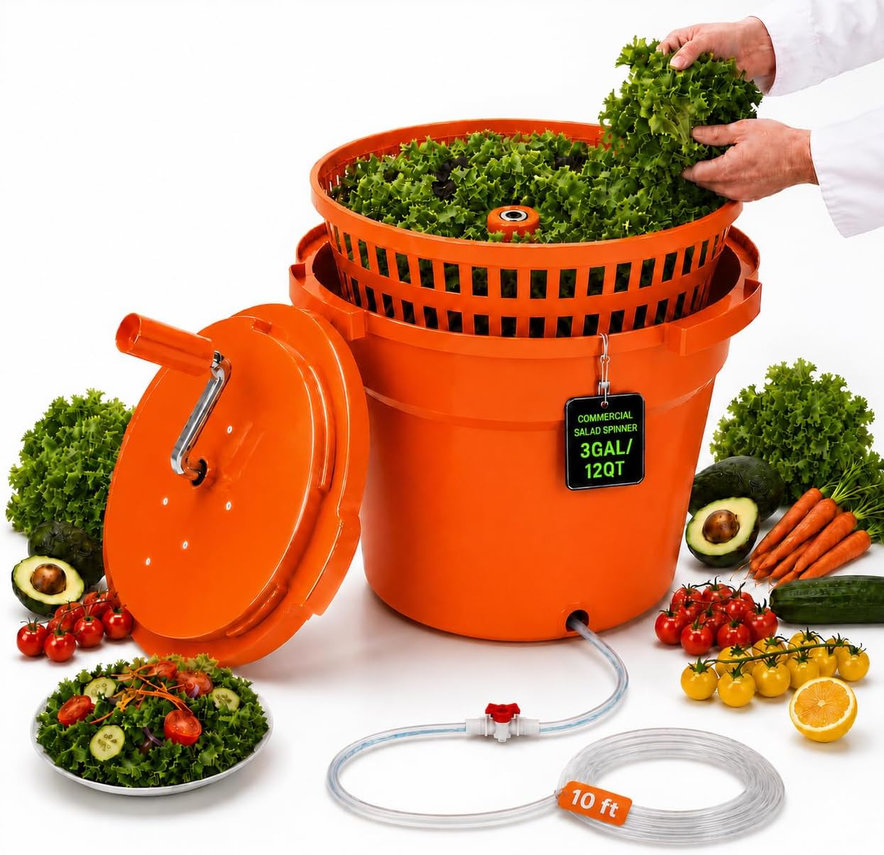 Commercial Salad Spinner - 3 Gallon Large Capacity Lettuce Dryer with 10 Ft Drain Hose & Stop Valve, 12Qt Manual Vegetable Spinner for Restaurants, Catering and Meal Prep