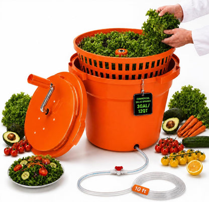 Commercial Salad Spinner - 3 Gallon Large Capacity Lettuce Dryer with 10 Ft Drain Hose & Stop Valve, 12Qt Manual Vegetable Spinner for Restaurants, Catering and Meal Prep