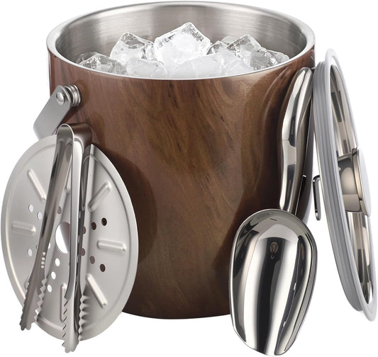 Double-Walled Stainless Steel Ice Bucket with Lid, 7.09 x 7.01 in, Wood Grain Insulated Ice Container with Scoop, Tongs, Strainer, for Home Bar, Parties