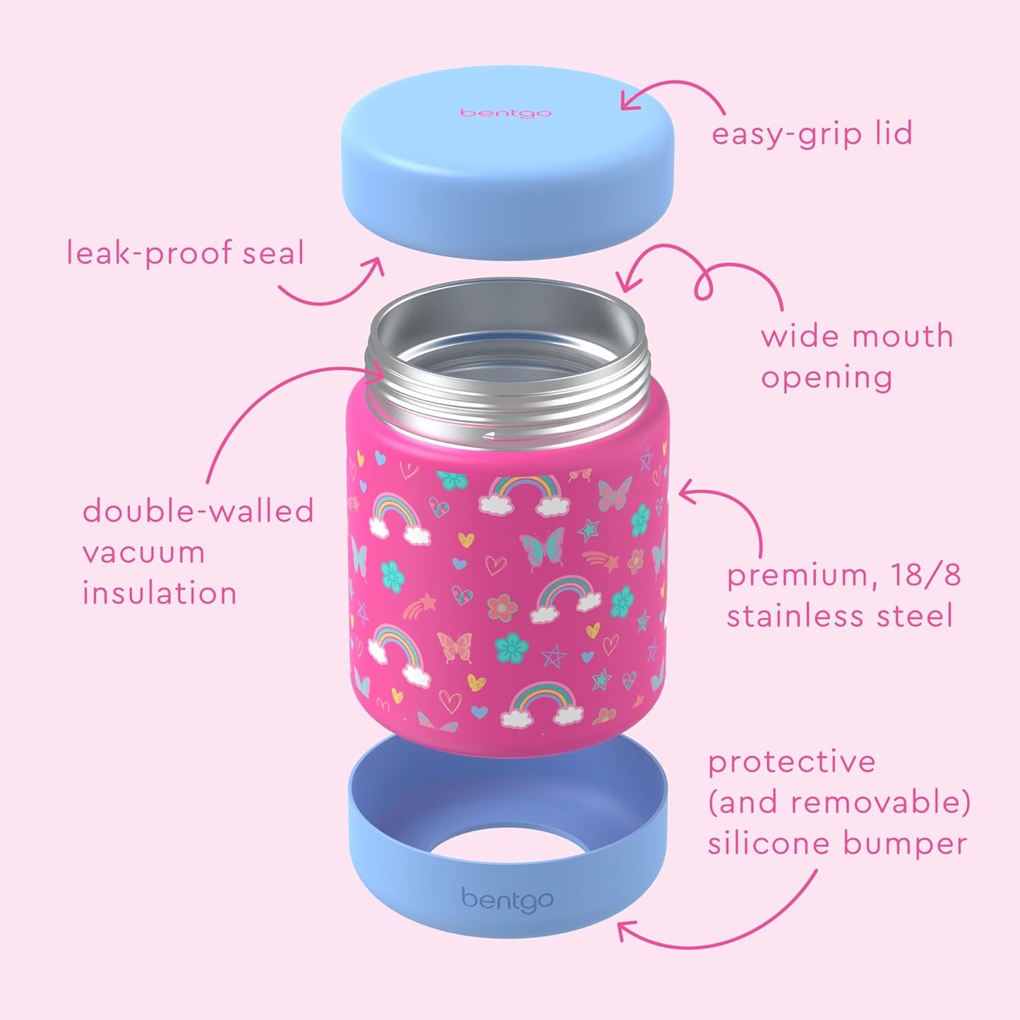 Bentgo Kids Stainless Steel Food Jar - 11oz Leak-Proof Double Insulated Hot or Cold Food Container with Removable Silicone Bumper, Dishwasher Safe, Easy Open Lid, Ages 3+ (Trucks)