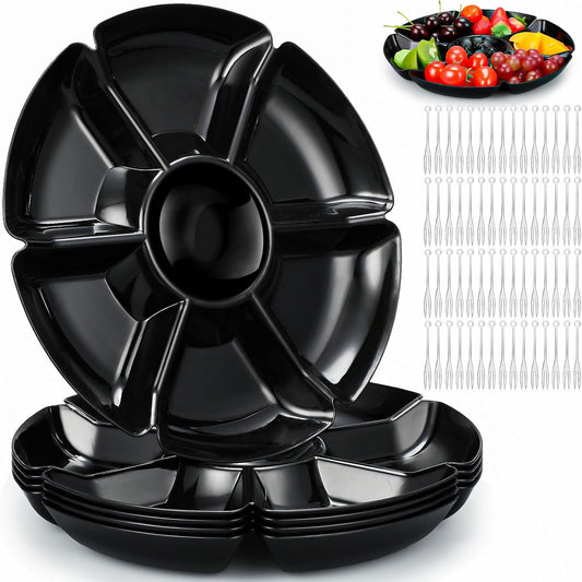 Zhehao 6 Pcs Plastic Divided Serving Trays with 60 Pcs Disposable Fork, 7 Compartments Round Chip Dip Plate, Petal Shape Platter, 10.6'' Snacks Serving Dish for Party Candy Nuts Fruits (Vibrant Color)