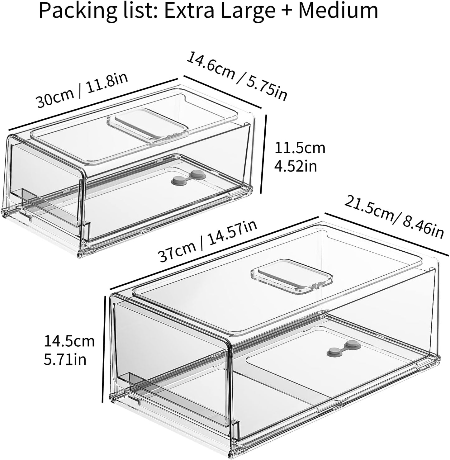 YekouMax Pantry Organizers and Storage Bins, Refrigerator Organizer, Plastic Stackable Storage Bins with Drawers, Pull-Out Cabinet Containers for Fridge Kitchen Office (2 PACK, Extra Large & Medium)