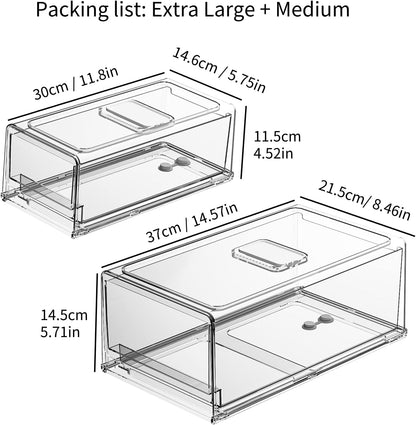 YekouMax Pantry Organizers and Storage Bins, Refrigerator Organizer, Plastic Stackable Storage Bins with Drawers, Pull-Out Cabinet Containers for Fridge Kitchen Office (2 PACK, Extra Large & Medium)