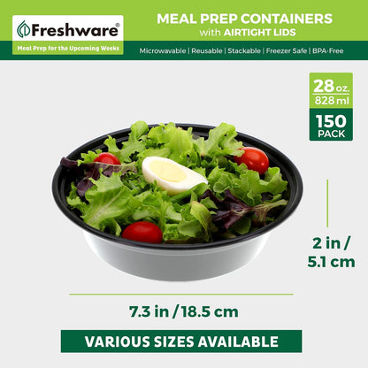 Freshware Meal Prep Containers [15 Pack] 2 Compartment with Lids, Food Storage Containers, Bento Box, BPA Free, Stackable, Microwave/Dishwasher/Freezer Safe (28 oz), Black