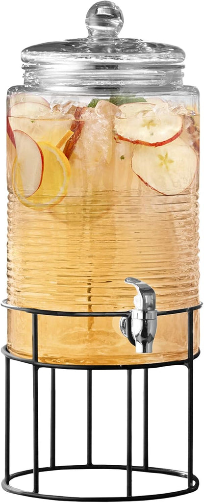 Style Setter Beverage Dispenser Cold Drink Dispenser Glass Jug, Metal Stand & Leak-Proof Acrylic Spigot Great for Parties, Weddings & More (With Metal Rack)