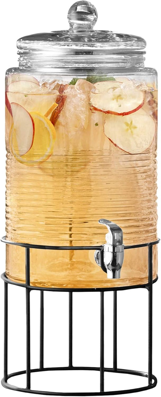 Style Setter Beverage Dispenser Cold Drink Dispenser Glass Jug, Metal Stand & Leak-Proof Acrylic Spigot Great for Parties, Weddings & More (With Metal Rack)