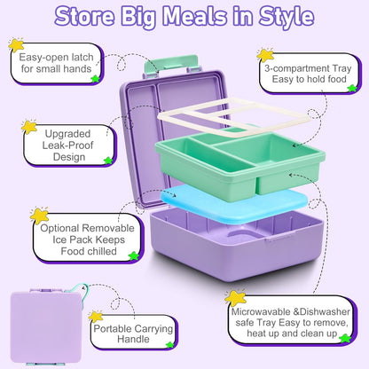 Bento Lunch Box for Kids with 17oz Soup Thermo,Insulated Tumbler Water Bottle and Insulated Lunch Bag,Leak-Proof 3 Compartment Lunch Food Container with Ice Pack for Kids to School-Horse