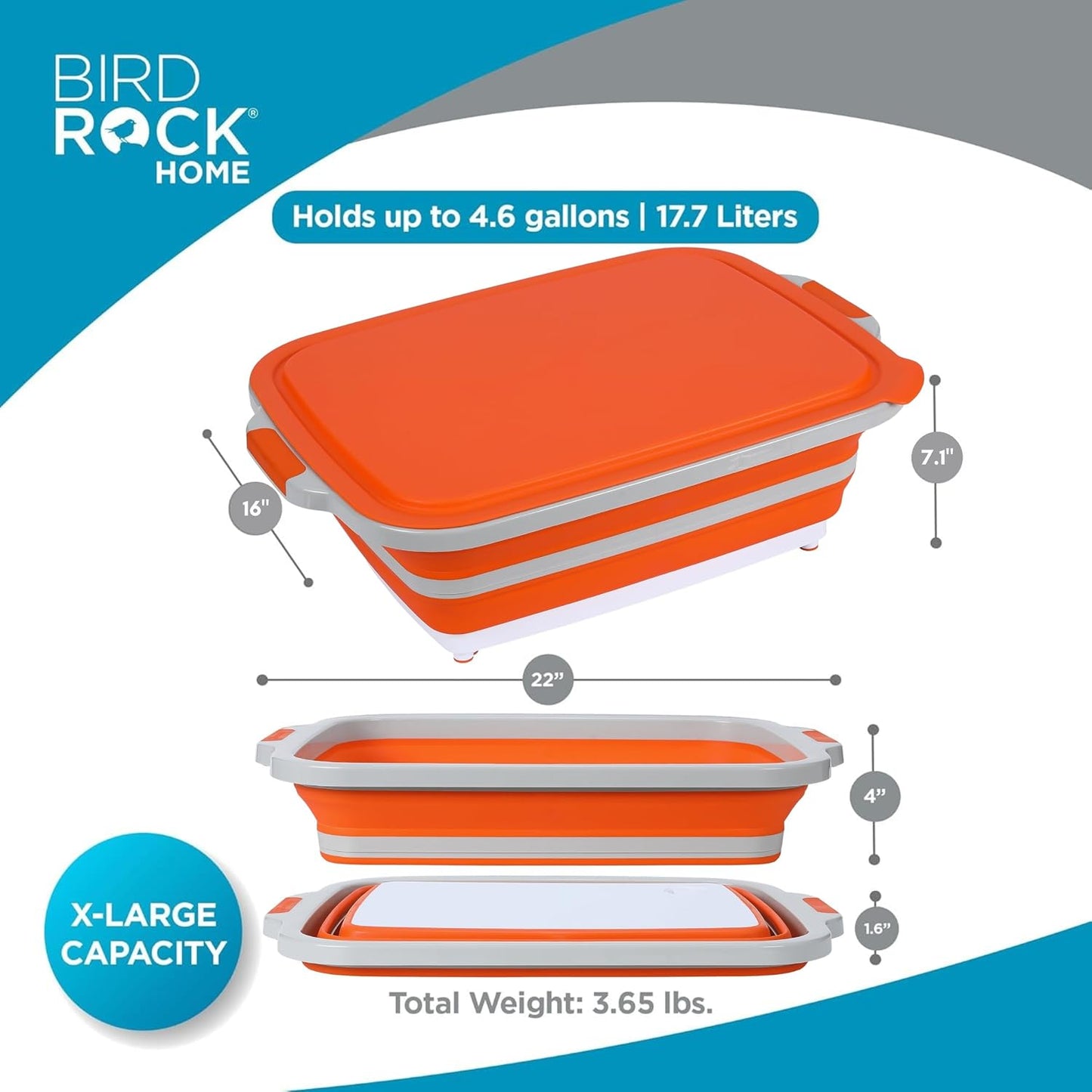 BIRDROCK HOME Collapsible Large BBQ Prep Tub w/Cutting Board, Multi-Function Grill Caddy w/Colander & Lid, Portable Silicone Dish Bowl for Picnic, Tailgate, Camping - Black