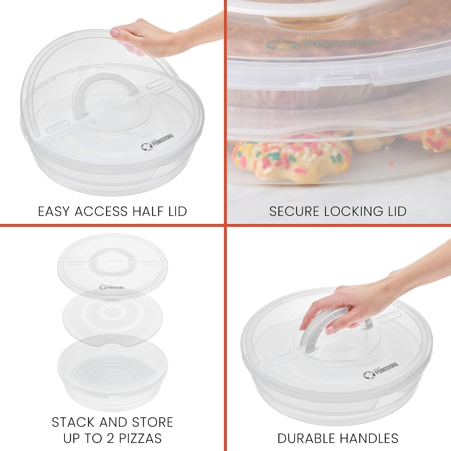 Chef Pomodoro Pie Carrier for 2 Pies 12-Inch, Multi Pie Carrier With Lid and Handle, Pizza Holder With Lid, Reusable Pizza Storage Container for Transport, Stackable Food Keeper, Dough Box, 2 Pack