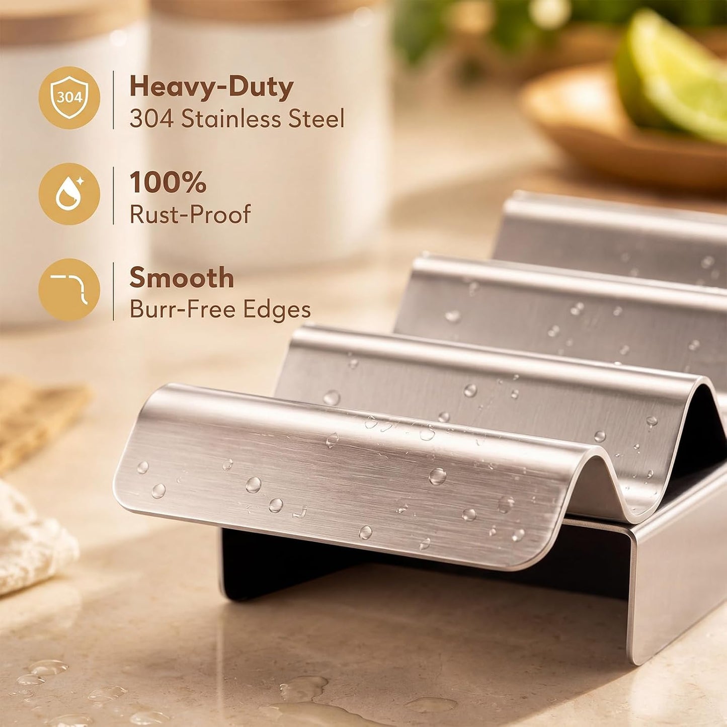 Potchen 4 Pcs 304 Stainless Taco Holder Bar with Base Taco Stands for 3 Tacos Metal Trays Easy to Clean, Dishwasher Safe, Hot Dog Prep Tray