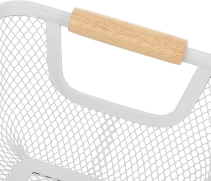 6 Pcs Metal Wire Basket with Wooden Handles, Mesh Steel Storage Organizer Bins for Home Office Kitchen Pantry Closet Fridge Organization, Small Size Cream White
