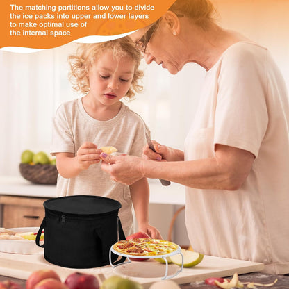 Yaomiao 2 Set Round Pie Carrier 11 x 7 Inch with Dish Tray Plate Stacker Insulated Casserole Carrier with Lid and Handle Reusable Cooler Thermal Bag for Cold Food for Potluck Picnic (Black and Purple)