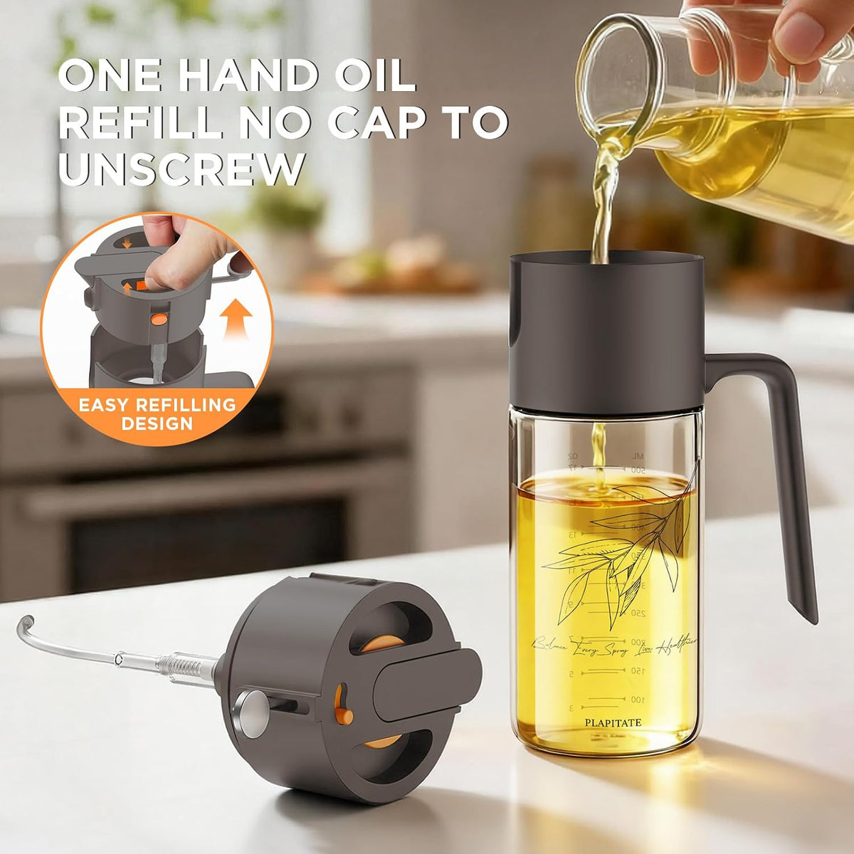 PLAPITATE 17oz/500ml Premium Olive Oil Sprayer for Cooking, 2 in 1 Glass Olive Oil Dispenser Bottle for Kitchen Gadgets, Spray Bottle with Portion Control for Salad, Frying, BBQ (Black)