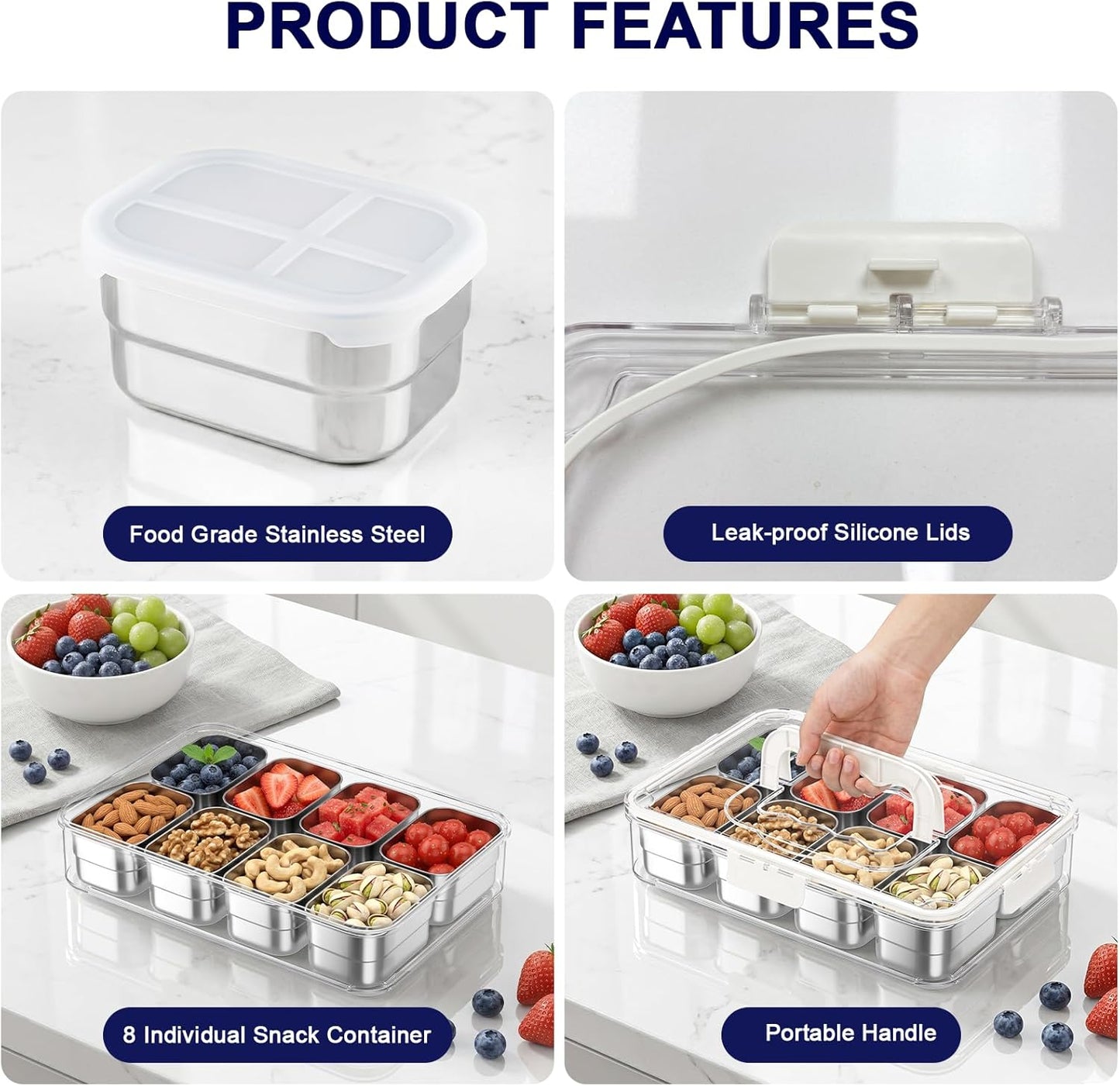 Stainless Steel Snackle Box Container, Divided Serving Tray | 8-Compartment with Lid and Handle, Large Snack Tray for Fruit Veggie Candy
