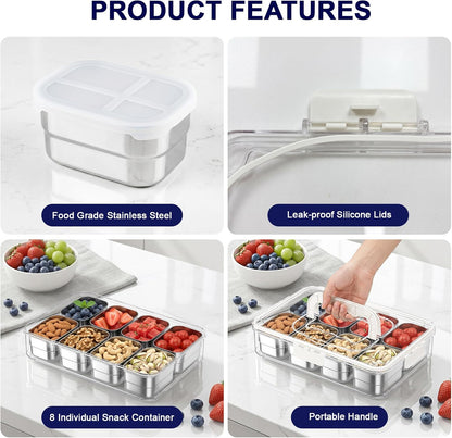 Stainless Steel Snackle Box Container, Divided Serving Tray | 8-Compartment with Lid and Handle, Large Snack Tray for Fruit Veggie Candy