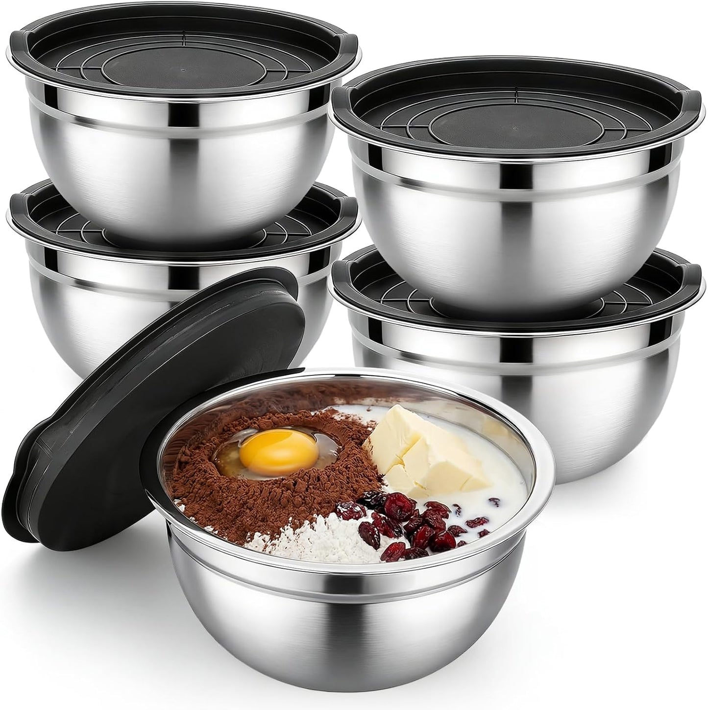 Beasea Stainless Steel Mixing Bowls, 5 Pack 1.5 QT Stackable Nesting Mixing Bowls with Airtight Lids, Metal Bowl with Lid for Baking, Meal Prepping, Salad, Serving, Food Storing