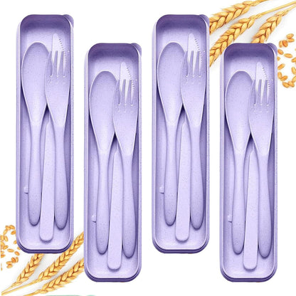 2Pack Reusable Travel Utensil Set, Plastic Fork Spoon Knife with Case, BPA-Free Portable Cutlery for Camping, Picnic & Office (Purple & Pink)