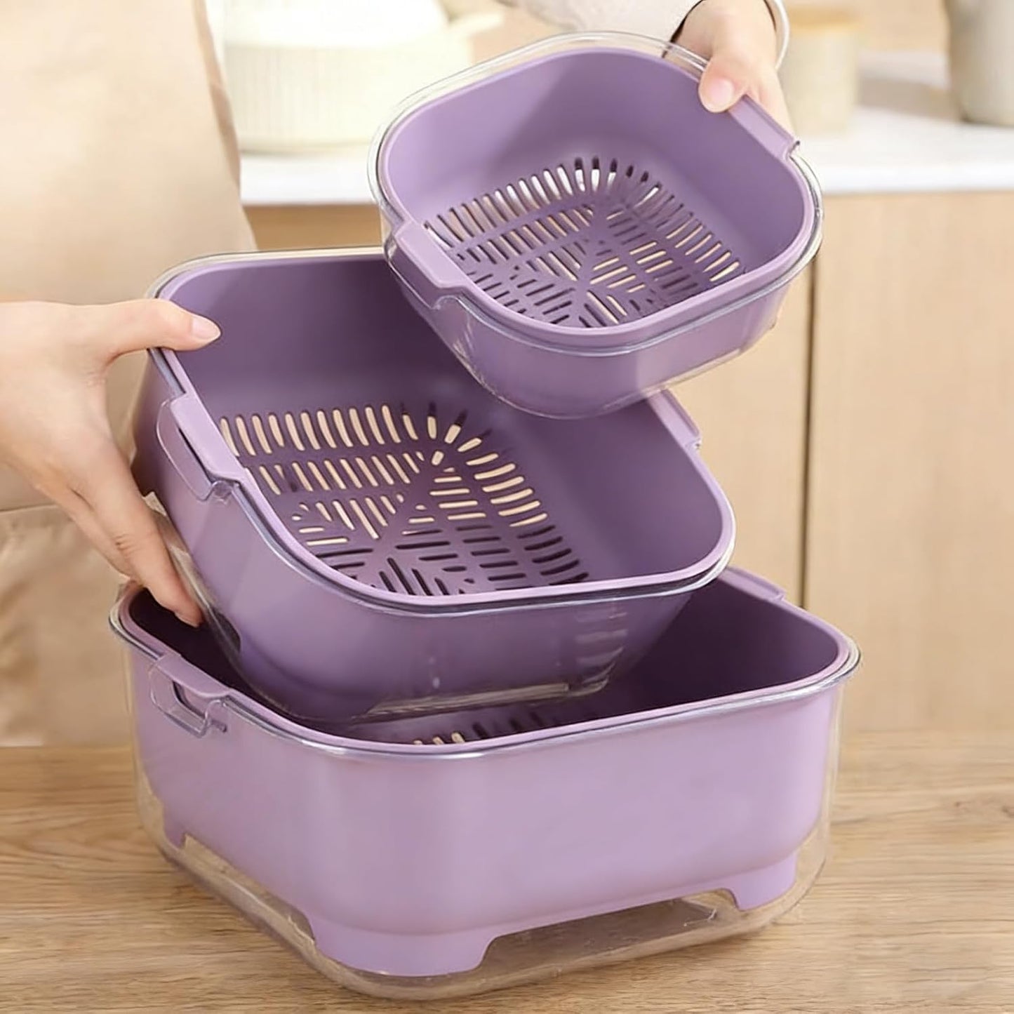3 Pcs Set Double-Layer Plastic Colander, Large Capacity Food Strainers, Fruits Vegetable Washing Draining Basket, Detachable and Stackable Multi-Layer Strainer Bowl, Easy to Clean for Kitchen (Brown)