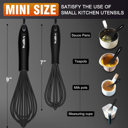 Walfos Silicone whisk,Whisks for Cooking Non Scratch, BPA Free whisk set of 4, 7+9+11in Balloon Whisks & 11in Flat Whisk, Heat Resistant(480°F).Great for Cooking in Pans, Baking, Whisking.Blue
