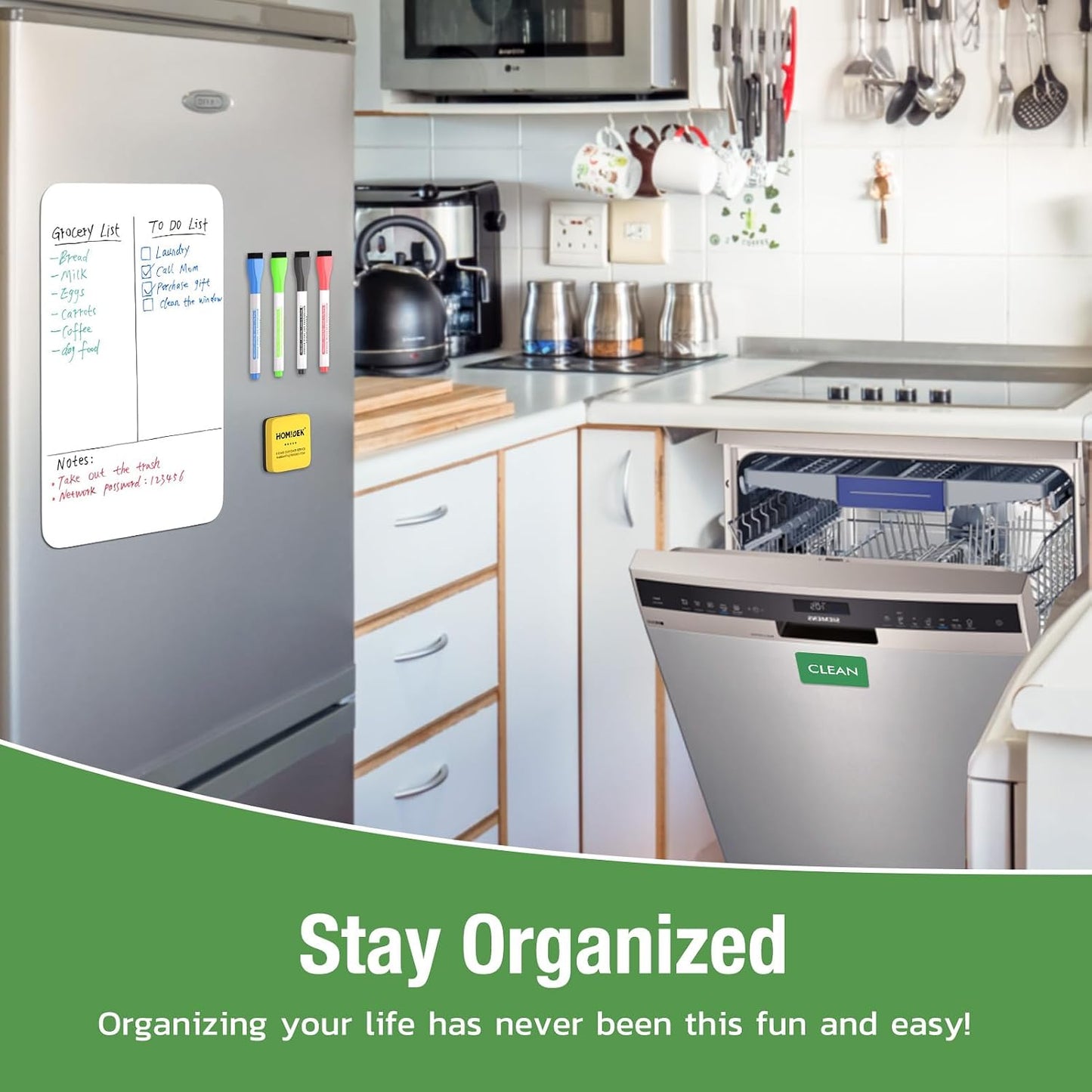 HOMiDEK Magnetic Dry Erase Board: Small Fridge Whiteboard, Flexible Refrigerator Magnet White Board, Blank Writing Note Sheet with Kitchen Conversion Chart Magnet, 4 Markers & Eraser - 12 x 8