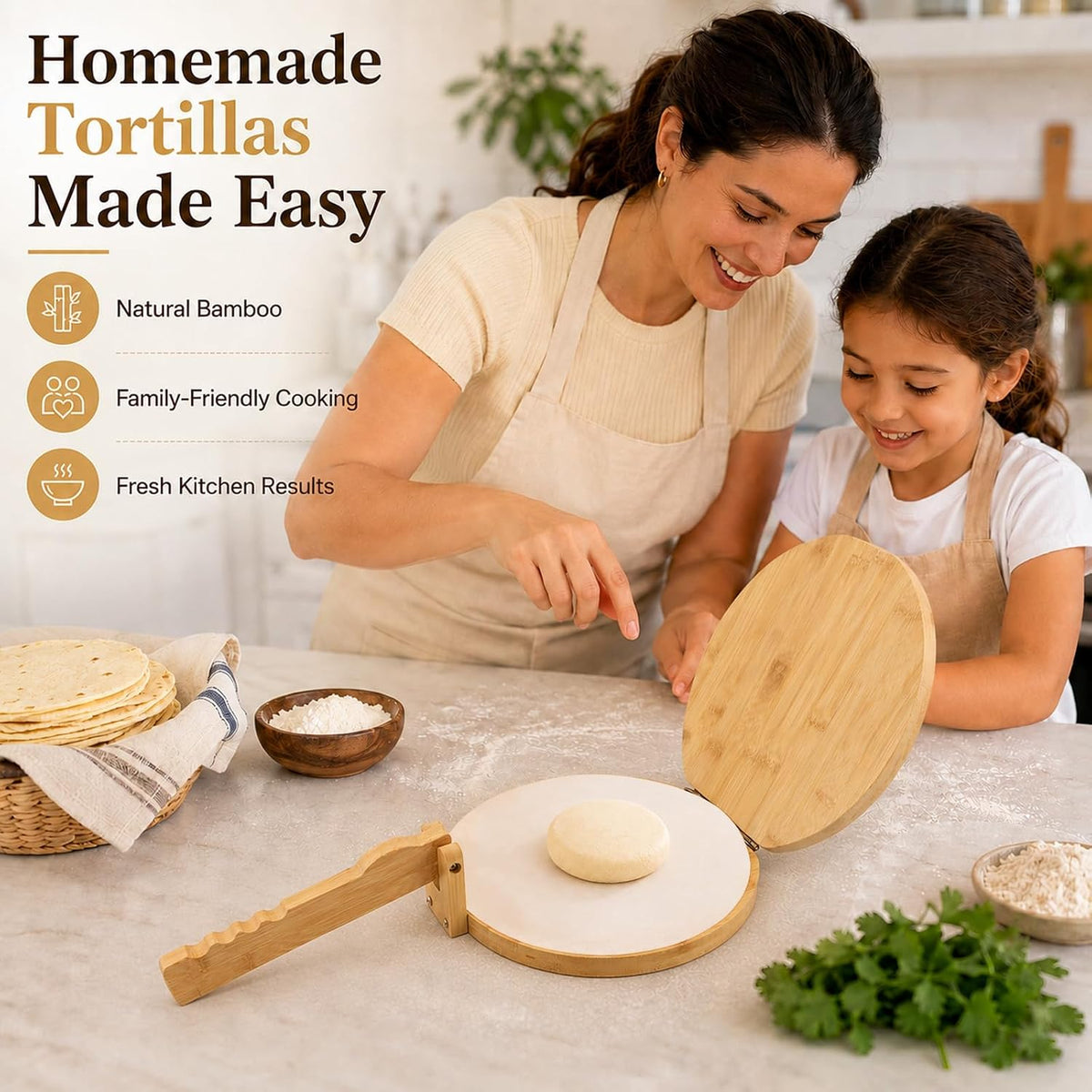 10 Inch Bamboo Round Tortilla Press Set, Mexican Tortilla Maker with 100 Parchment Papers and Rolling pin, Homemade Corn&Flour Flatbread Press for Mexican Tacos, Roti, Patacones