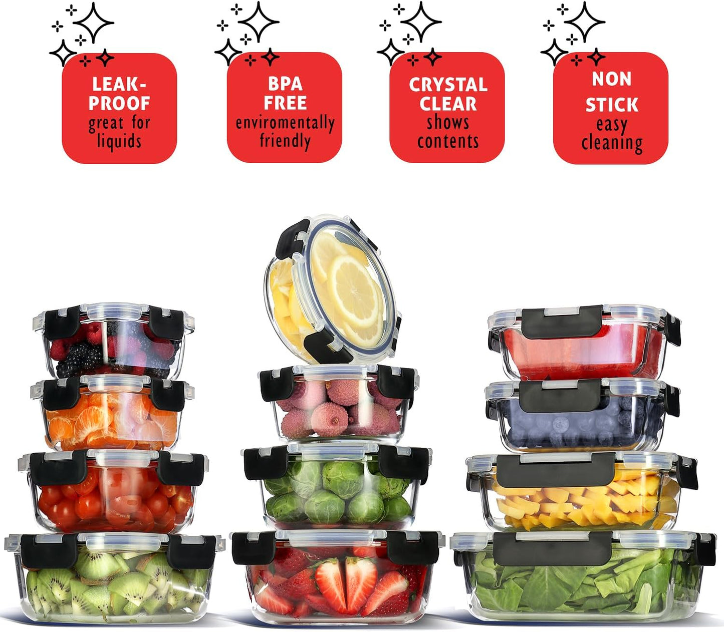 Nestl 24pc (12 Airtight, Freezer Safe Food Storage Containers and 12 Lids), Pantry Kitchen Storage Containers, Glass Meal Prep Container for Lunch, Glass Storage Containers with Lids Black