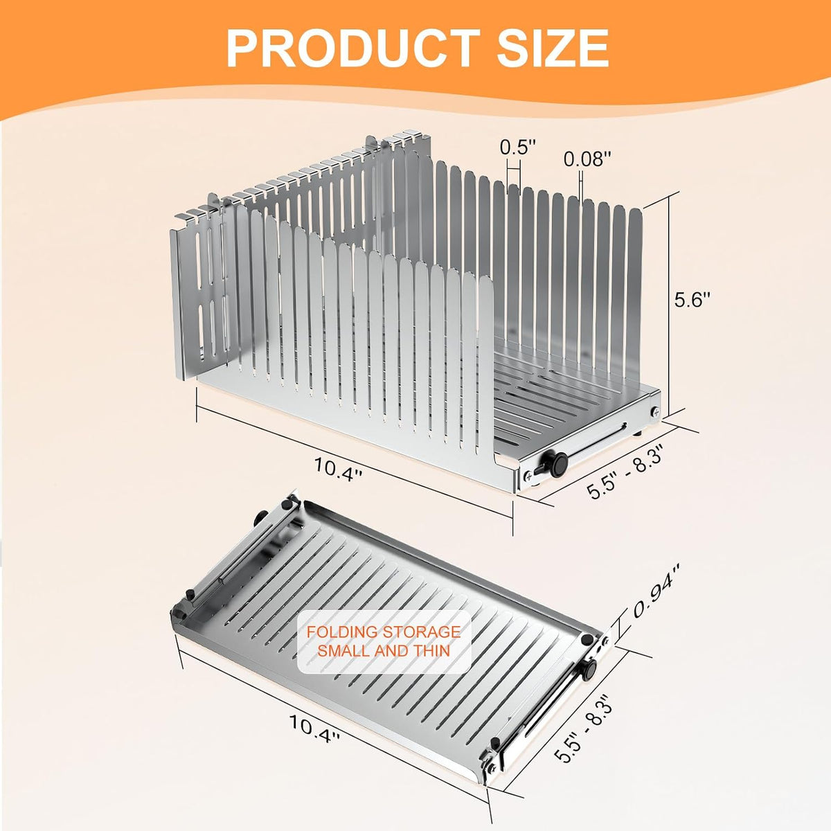 Stainless Steel Bread Slicer, Adjustable Width 5.5-8.3 Inches for Homemade Bread Sourdough Bagels Cakes, Foldable Compact Design, 0.5 Inch Even Slices