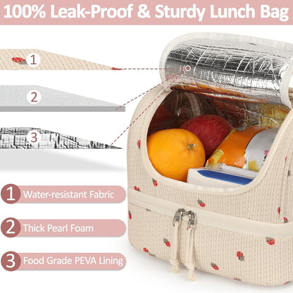 Vankor Corduroy Lunch Box Kids Insulated Lunch Bag Double Decker, Cute Leak-Proof Lunch Box for Boys Girls, Portable Cooler Lunch Bag Thermal Lunch Tote for School Picnic Travel, Light Blue
