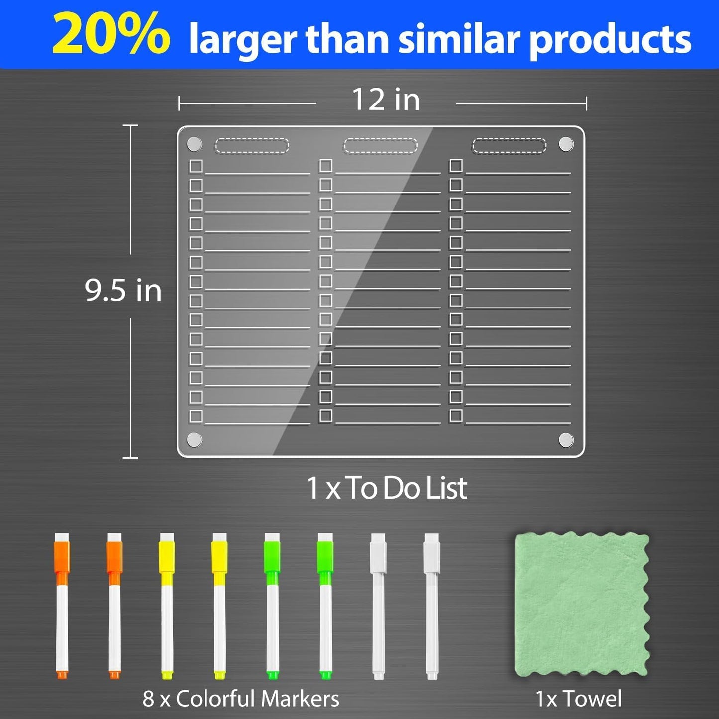 PigPotParty Acrylic Magnetic Chore Chart for Adults, 12x9.5 Inch Clear Dry Erase Chore Board for Fridge, Daily Weekly and Notes Sections, Pre-Installed Embedded Magnets, 8 Fine-tip Markers and Towel
