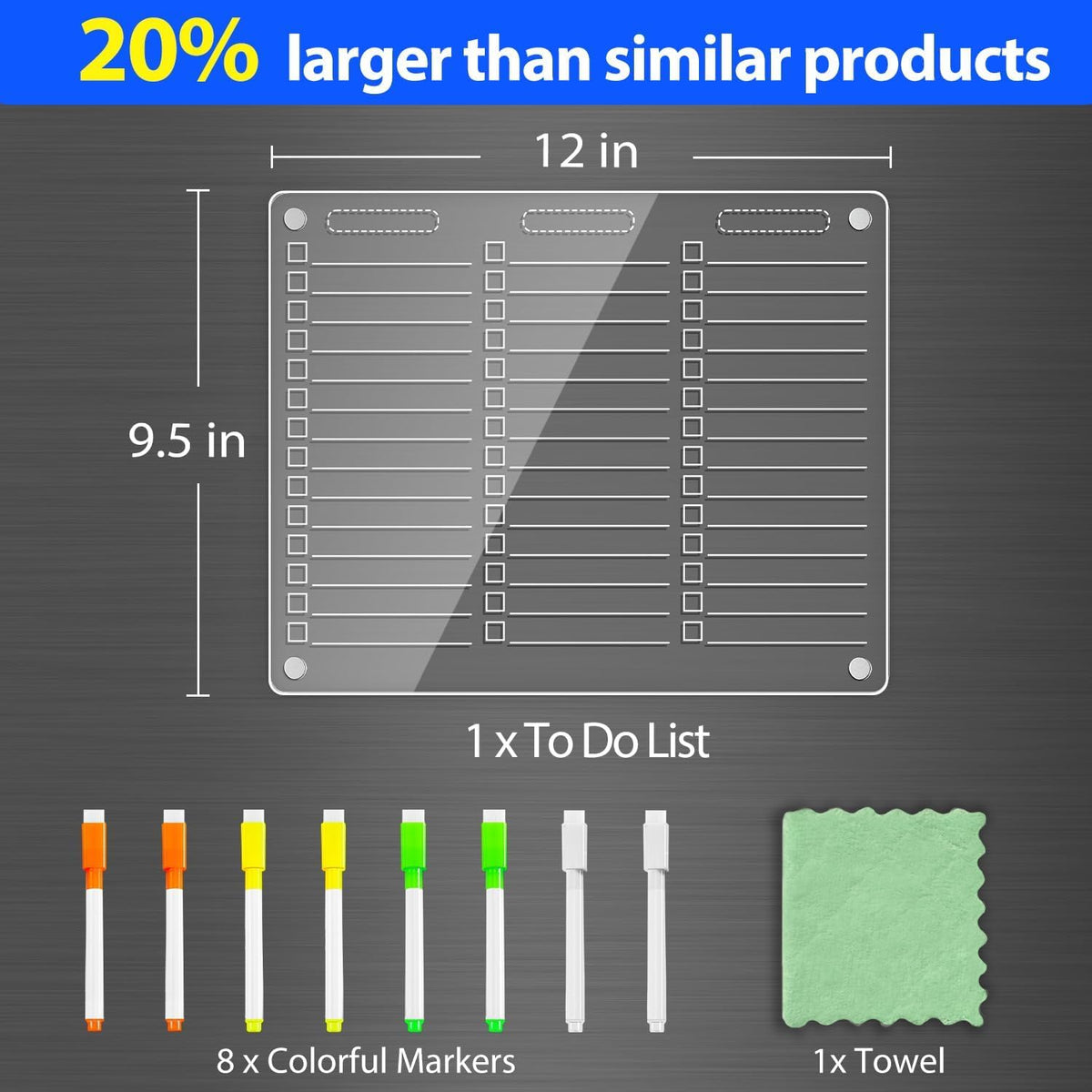 PigPotParty Acrylic Magnetic Chore Chart for Adults, 12x9.5 Inch Clear Dry Erase Chore Board for Fridge, Daily Weekly and Notes Sections, Pre-Installed Embedded Magnets, 8 Fine-tip Markers and Towel