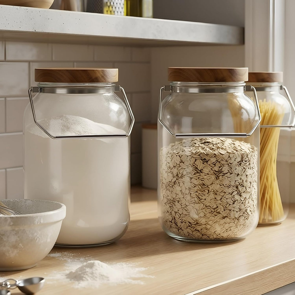 2 Pack Glass Flour Sugar Storage Containers with Handle, 1 Gallon Glass Jars with Airtight Lid, Wide Mouth Large Mason Jars 128oz for Rice, Pasta, Oats, Coffee Storage