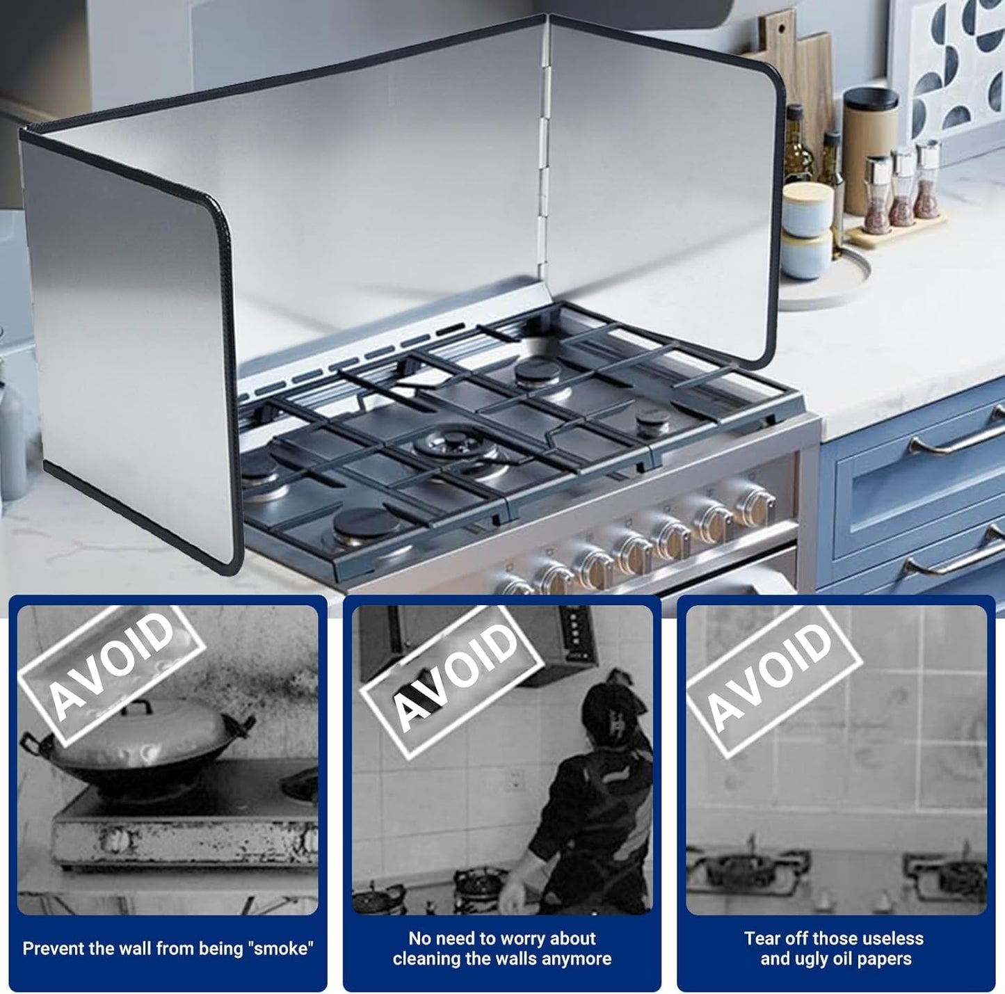 3 Sided Splatter Guard,Foldable Stainless Steel Oil Splatter Screens for Frying,Oil Splash Insulation Board,Nonstick Oil Splatter Guard Stove Heat Insulation Board for Cooking