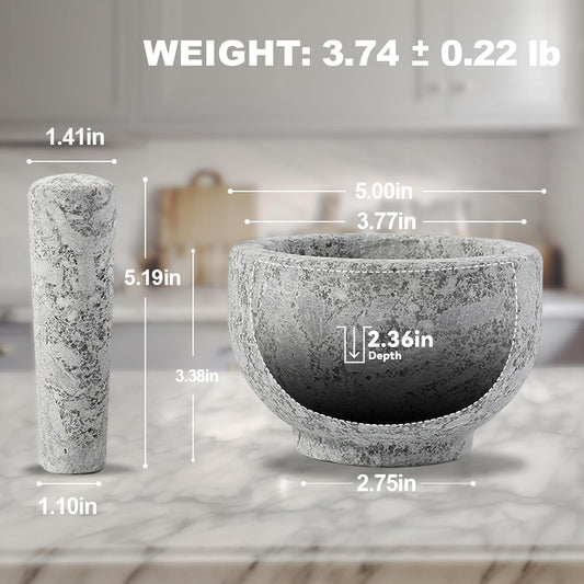 Koville Natural Marble Mortar and Pestle Set, 5" Heavy Duty Granite Grinder for Kitchen, Guacamole, Salsa, Pill Crusher, Spice, Herb, Marble Bowl for Kitchen Counter, Granite Spice Grinder Bowl